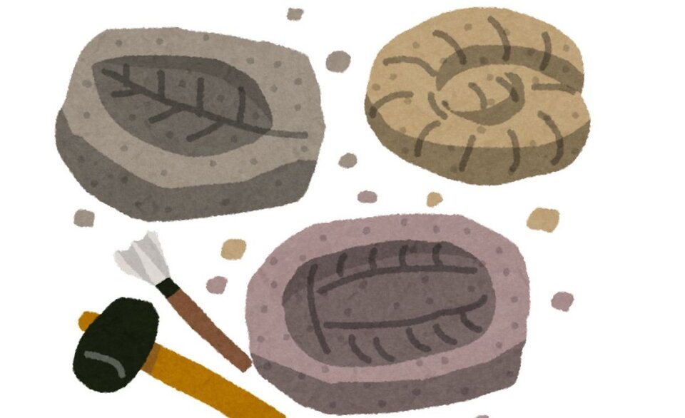 Three stone molds with leaf imprints, accompanied by a brush and hammer, illustrating tools and materials used in mold-making or casting.